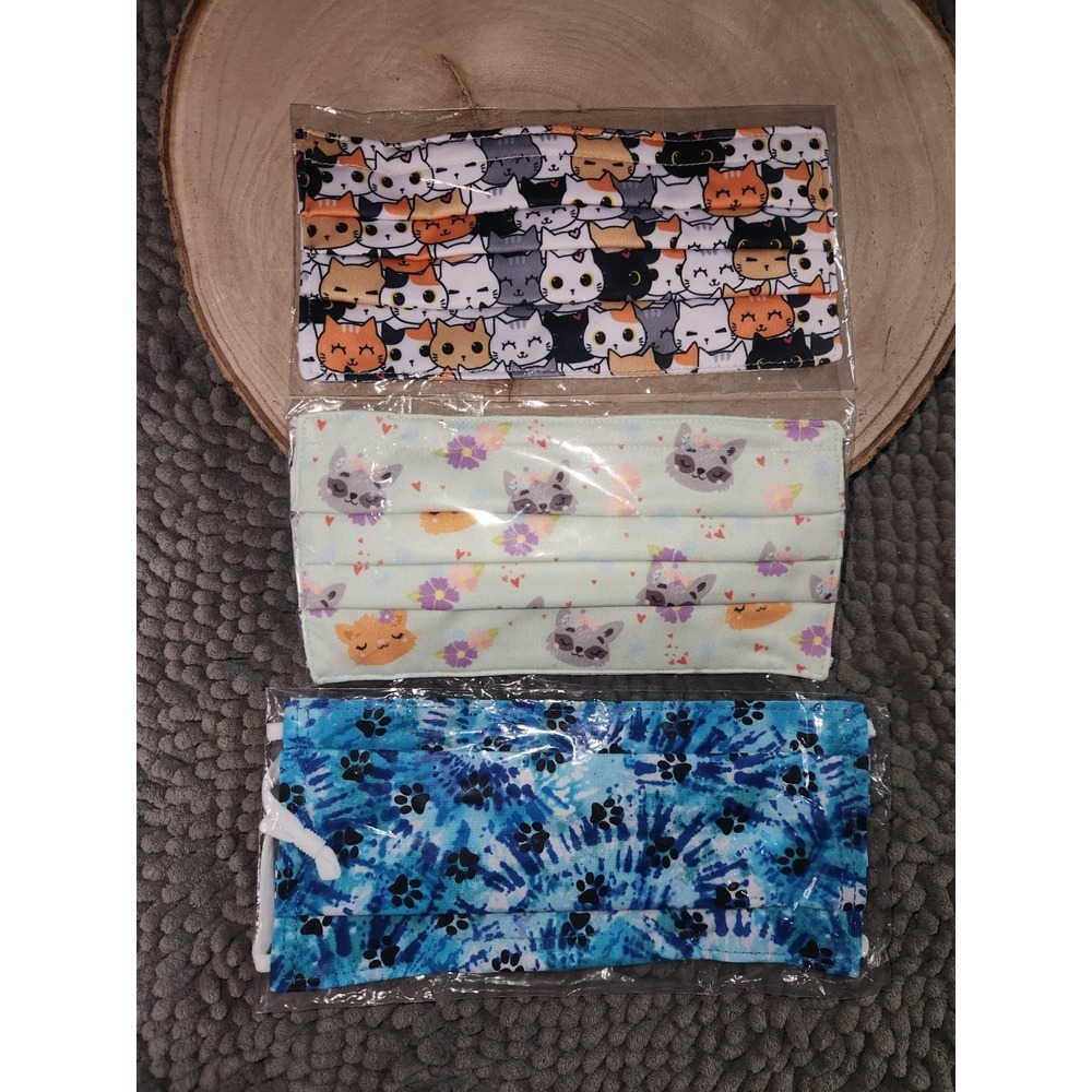 3x~CATS/Kitten Hand Made Cotton Face Mask Pleated w Elastic Washable Reusable